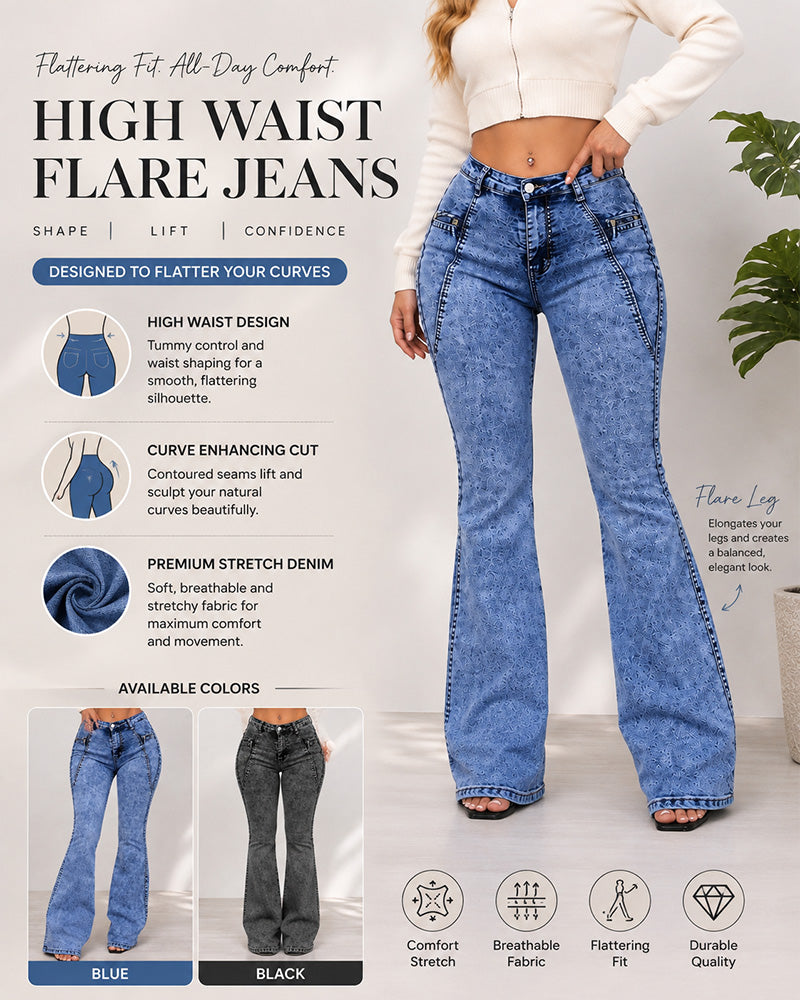 High Waist Stretch With Pockets Flared Washed Jeans