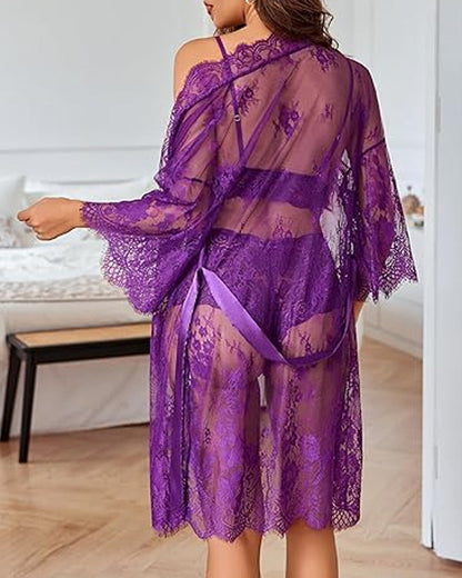 Women's Sexy Lace Bra Panties and Mesh Nightgown 3-Piece Set