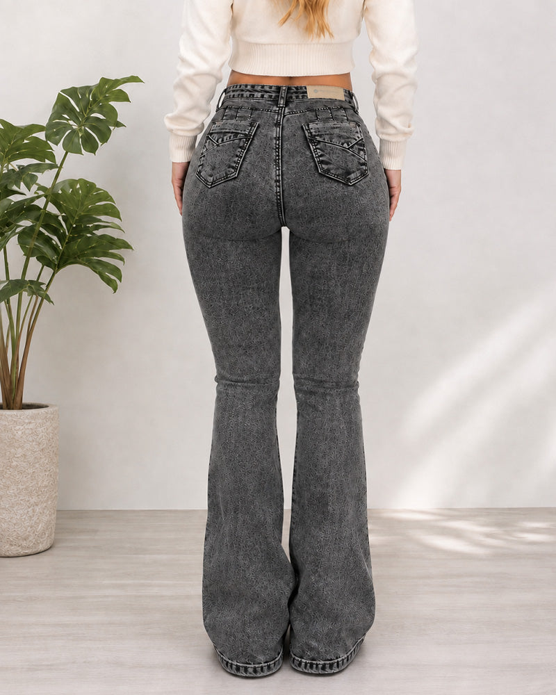 High Waist Stretch With Pockets Flared Washed Jeans