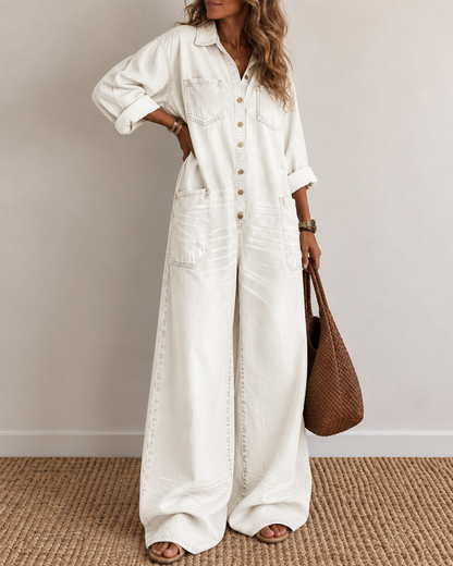 Sexy Button-Front Denim Shirt Loose Wide-Leg Jumpsuit