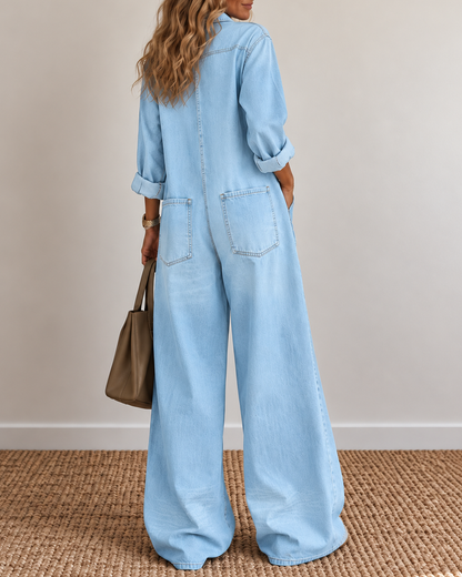 Sexy Button-Front Denim Shirt Loose Wide-Leg Jumpsuit