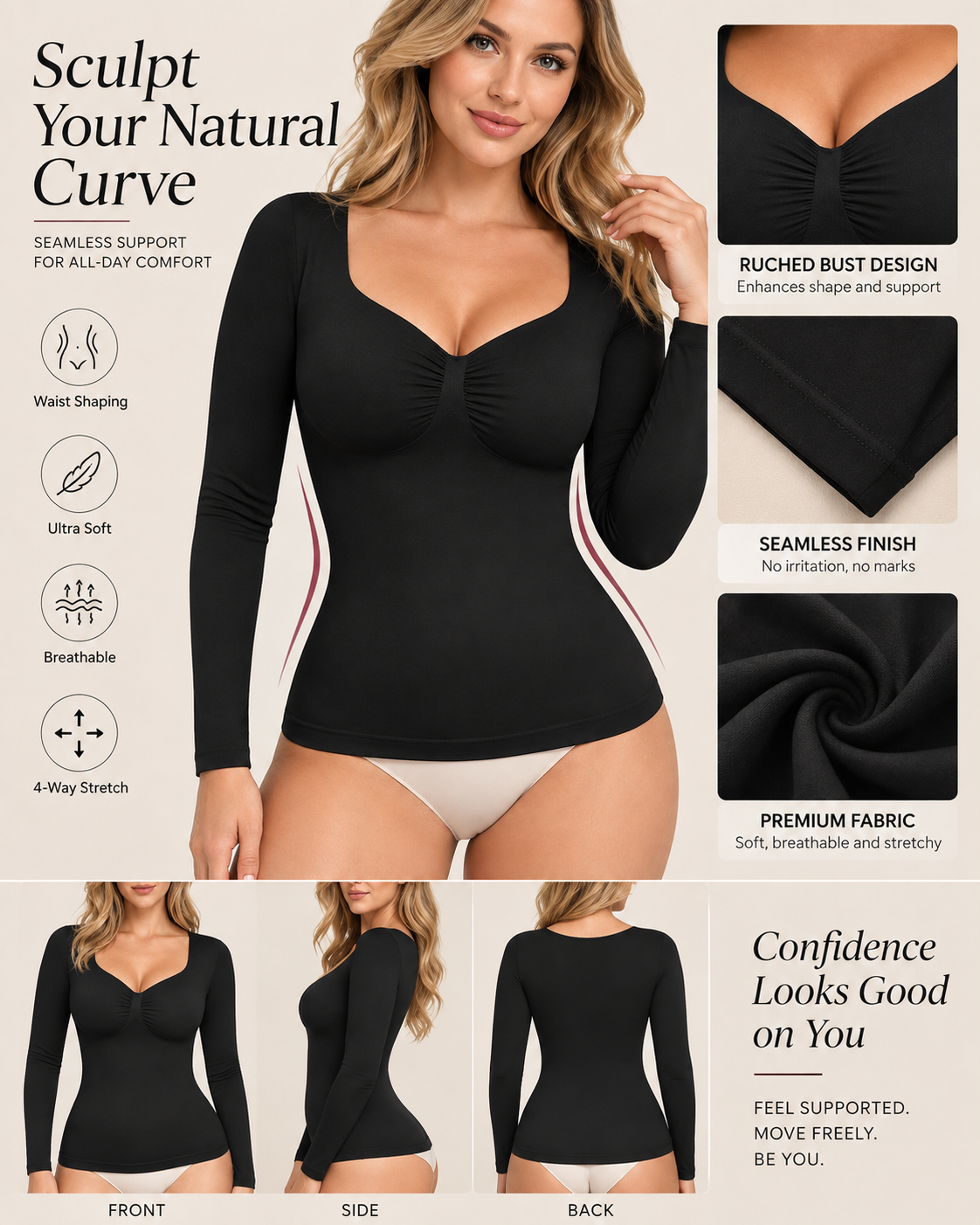Women's V Neck Seamless Elastic Long Sleeve Shaping Top