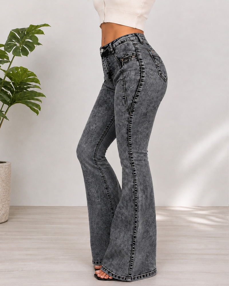 High Waist Stretch With Pockets Flared Washed Jeans