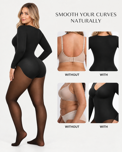 Sheer-Panel Fleece-Lined Tummy Control & Butt Lift Bodysuit