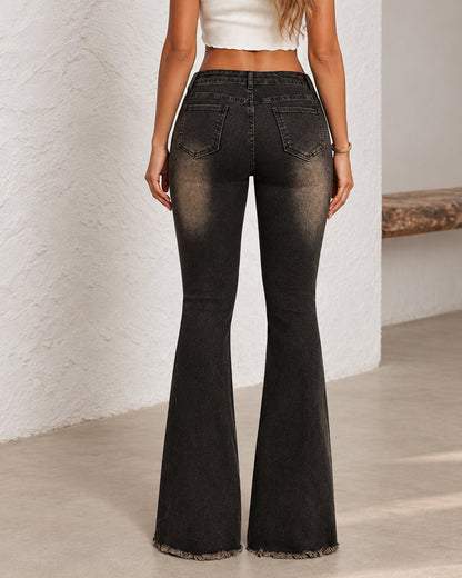 Women's Low-Rise Stretch With Wide Belt Washed Flared Jeans