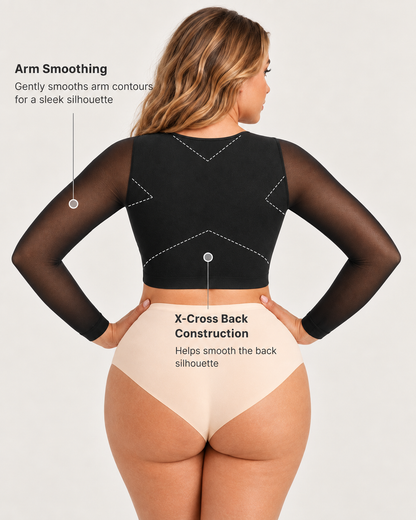 Front‑Closure U‑Shape Compression Built‑In Bra Long Sleeve Mesh Top