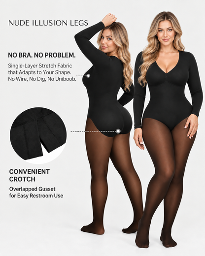 Sheer-Panel Fleece-Lined Tummy Control & Butt Lift Bodysuit