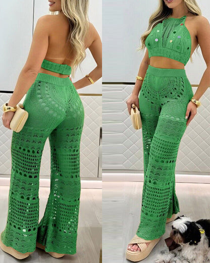 Women's Sexy Vacation Knit Hollow Halter Neck Top and Pants Set
