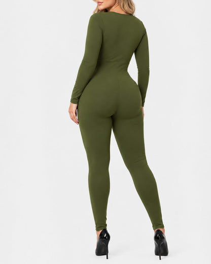 Deep V Front Zipper High Stretch Tummy Control Butt Lifter Long Sleeve Shaping Jumpsuit