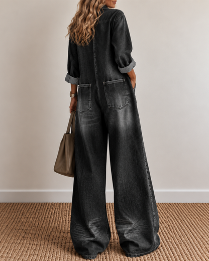 Sexy Button-Front Denim Shirt Loose Wide-Leg Jumpsuit