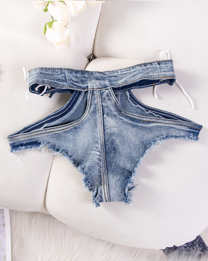 Sexy High-waisted Cutout Frayed Skinny Denim Thong