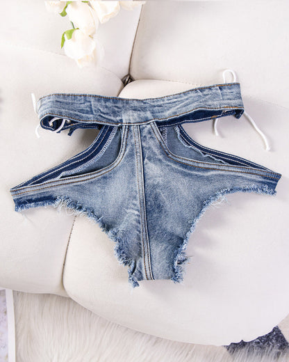 Sexy High-waisted Cutout Frayed Skinny Denim Thong