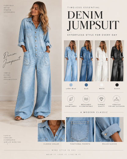 Sexy Button-Front Denim Shirt Loose Wide-Leg Jumpsuit