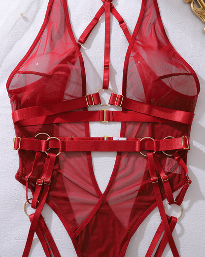 Sexy Holder Backless Metallic Strap See-Through Mesh Bodysuit