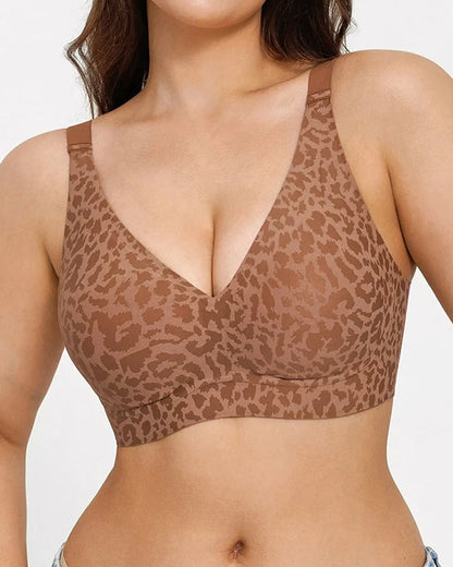 Leopard Print Wire-Free Comfortable Push-Up Seamless T-Shirt Bra