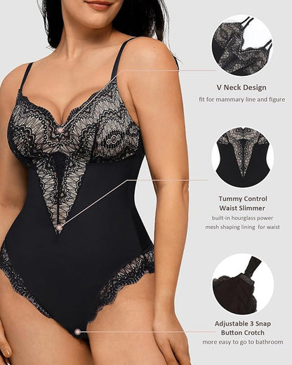 Women's Lace V Neck Tummy Control Bodysuit