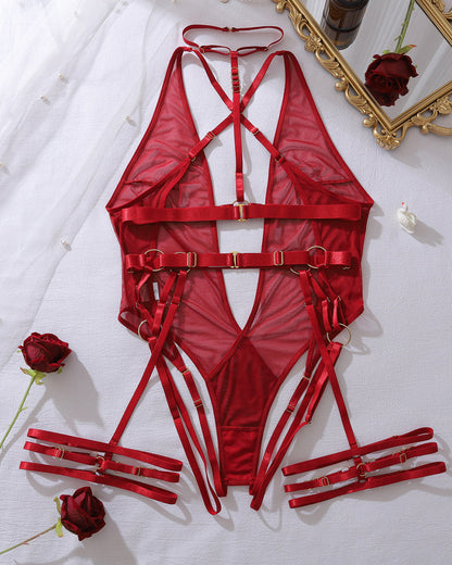 Sexy Holder Backless Metallic Strap See-Through Mesh Bodysuit