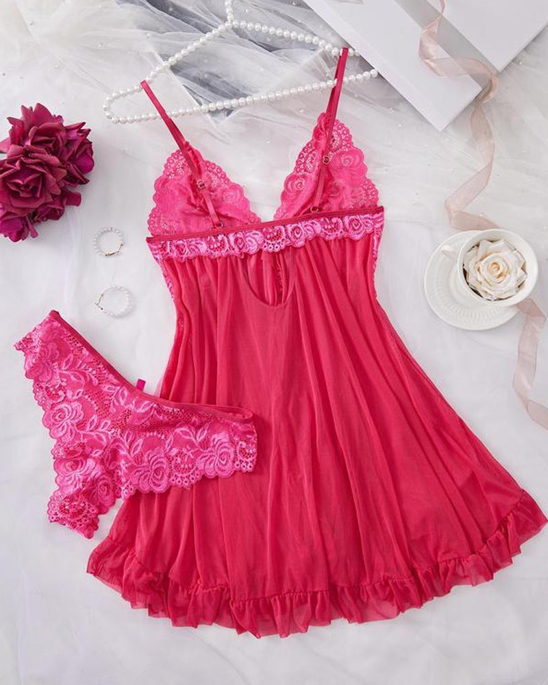 Women's Lace Sexy Ruffle Suspender Nightdress and Panty Set
