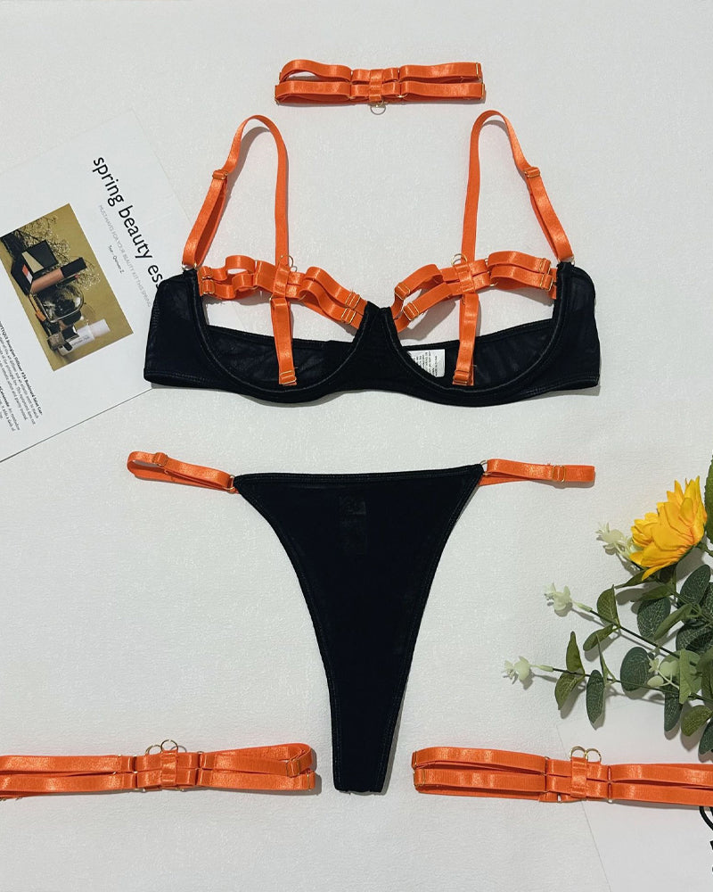 Sexy Two-Color Shoulder Strap Splicing Hollow Strap Fun Suit