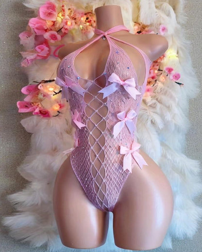 Sexy Halter Neck Openwork Mesh Bow-Decorated Bodysuit