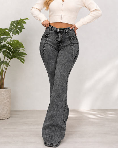 High Waist Stretch With Pockets Flared Washed Jeans