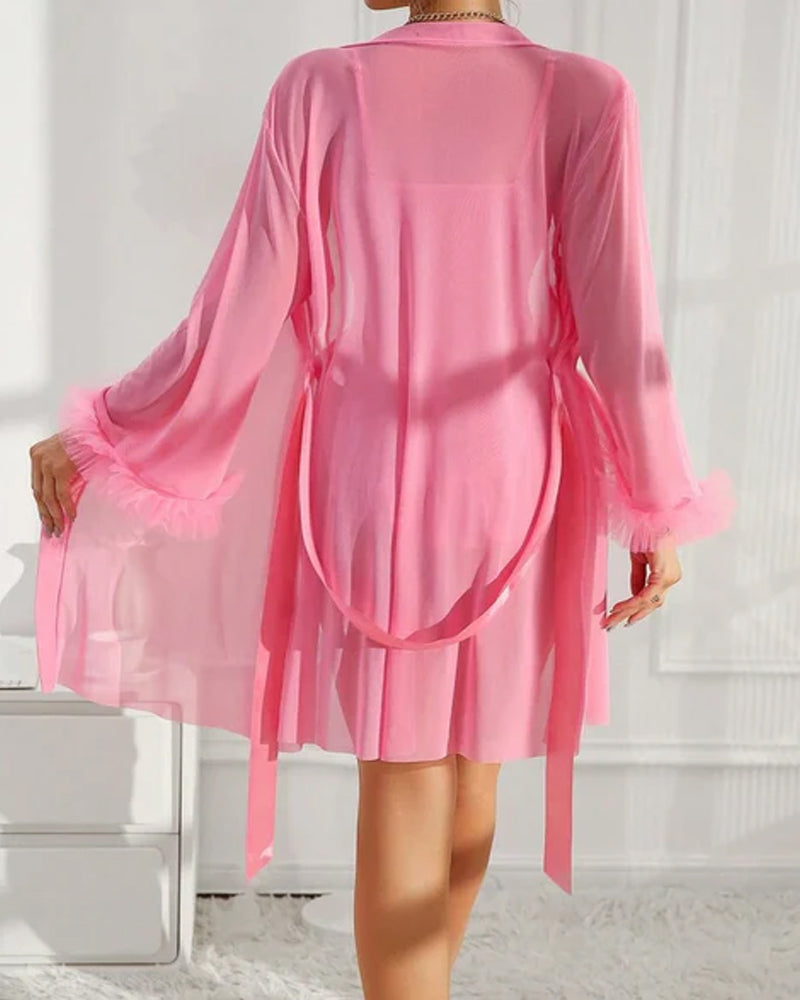 Sexy Lace See-through Mesh Camisole Nightgown and Robe Set