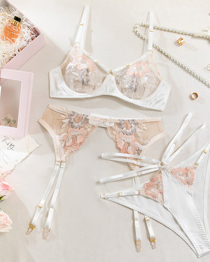Sexy Floral Embroidered Sheer Mesh Lingerie Set