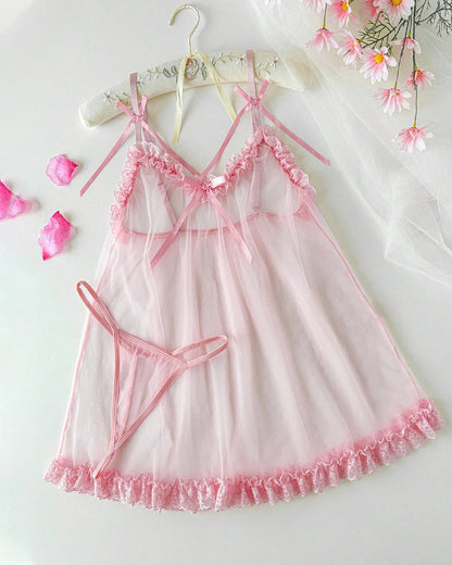 Sexy Lace Mesh See-through Slip Dress Lingerie Set
