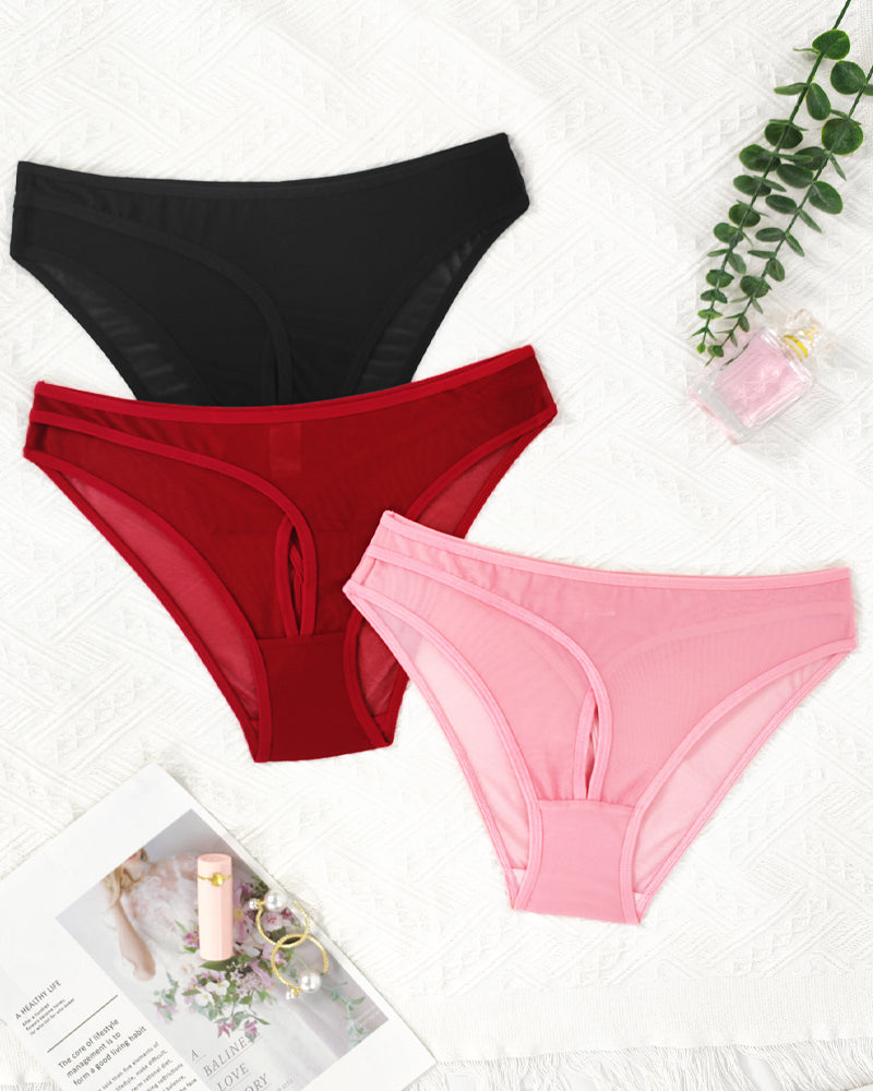 Solid Color See-through Mesh Hollow-out Sexy Comfortable Panties