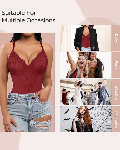 Women's Lace V Neck Tummy Control Bodysuit