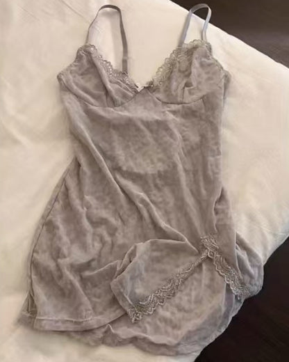 Sexy Deep V Flocked Leopard Print See-Through Mesh Bodycon Nightgown