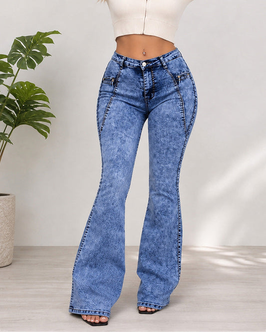 High Waist Stretch With Pockets Flared Washed Jeans