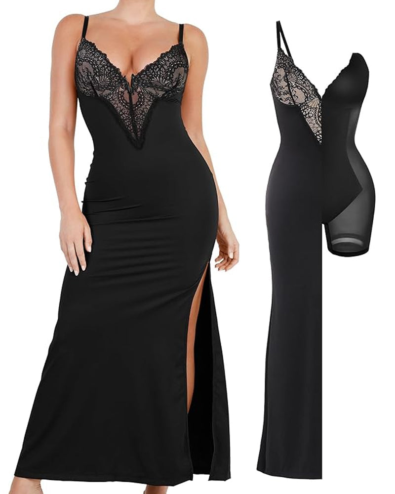Sleeveless Deep V-Neck Lace Built-in Shapewear Set Maxi Dress