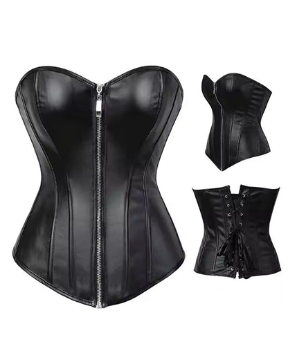 Sexy Zippered Black Leather Steel Boned Back Drawstring Corset