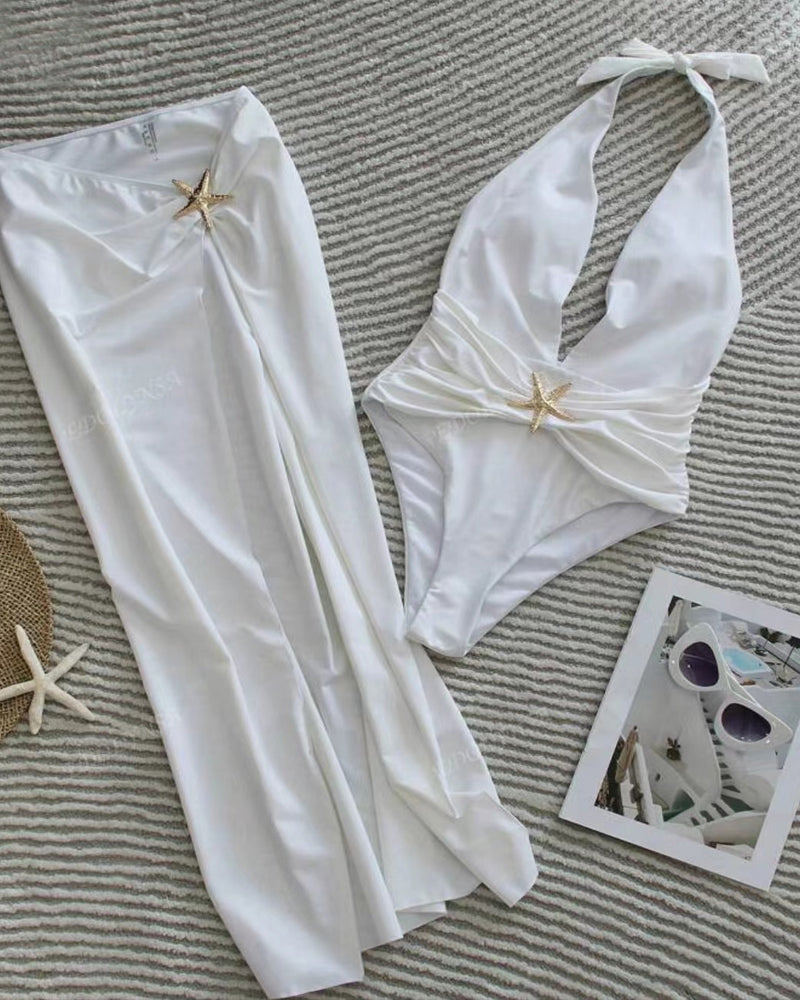 Sexy Deep V Halter Neck Swimsuit and High Slit Skirt Set