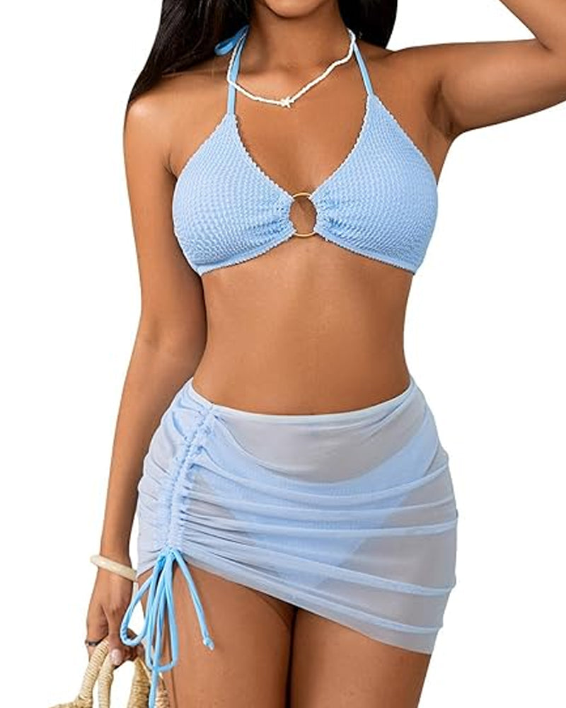 Women's 3 Piece Bathing Suits Halter Ring Bikini Set with Cover Up Skirts